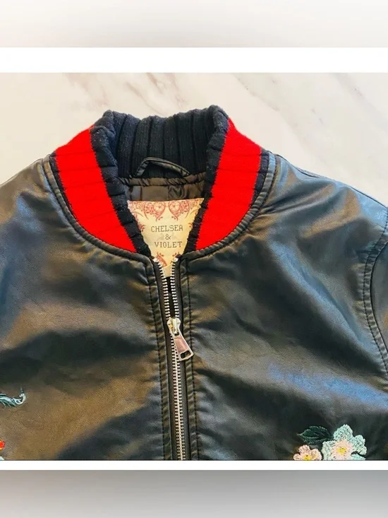 Chelsea & Violet Embroidered Floral Lightweight Varsity Bomber Jacket Black- XS - Picture 4 of 12